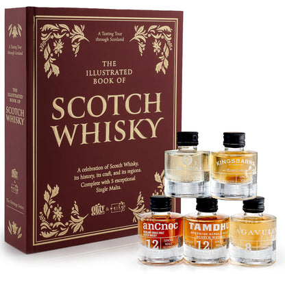 Scotch whisky gift set box with illustrated cover and five single malt mini bottles