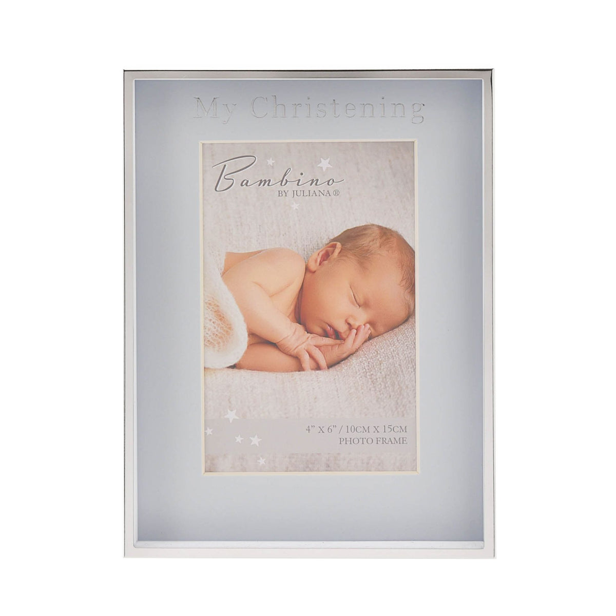 Blue christening photo frame displaying baby portrait under “My Christening” wording