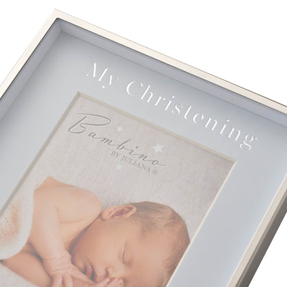 Christening photo frame close-up with “My Christening” title and Bambino by Liliana