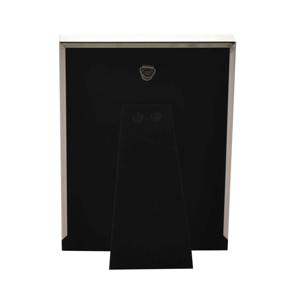 Blue-and-silver christening photo frame back with black stand and hanging loop