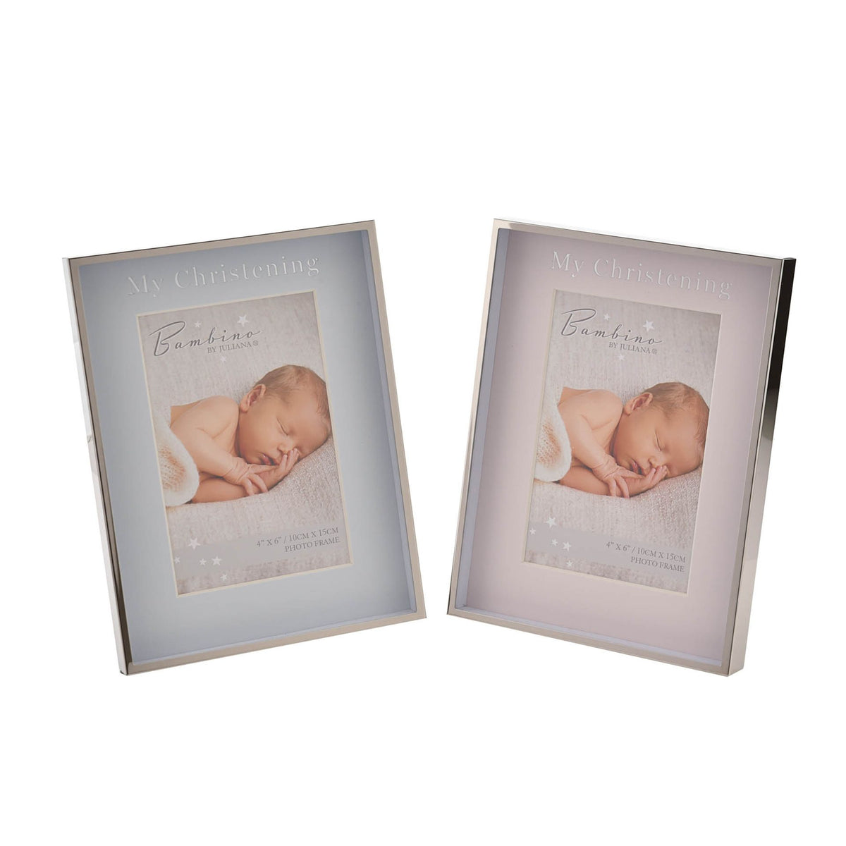Pair of christening photo frames with baby portrait and “My Christening” text