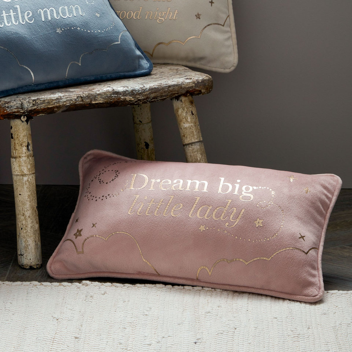 Dusty pink rectangular velvet cushion with gold “Dream big little lady” print, stitched edges