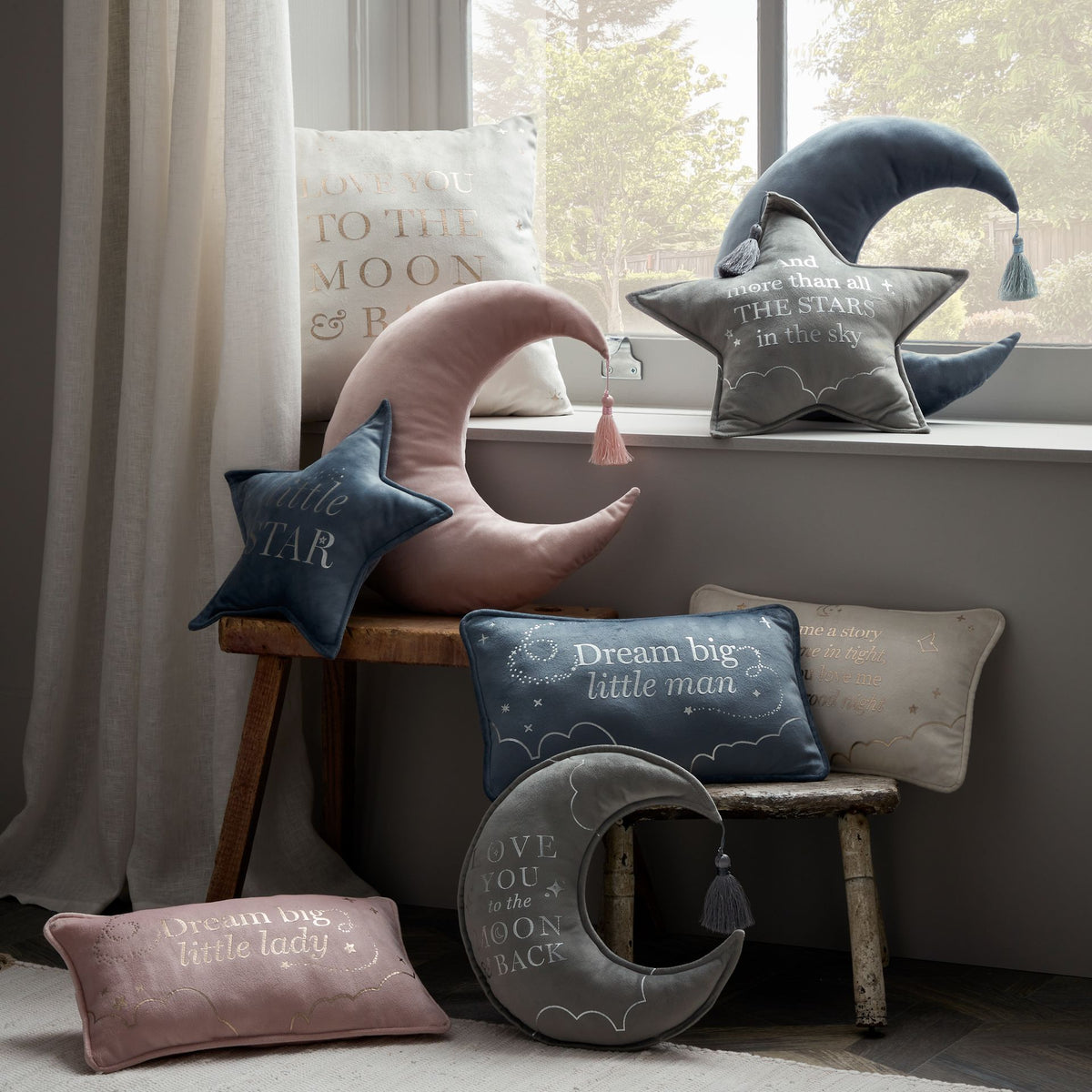 Dusty pink rectangular velvet cushion with gold “Dream big little lady” text, curved corners