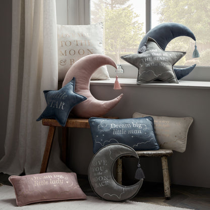Dusty pink rectangular velvet cushion with gold “Dream big little lady” text, curved corners