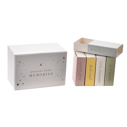 Mini keepsake boxes set: white lid with star accents, plus stacked pastel message cards