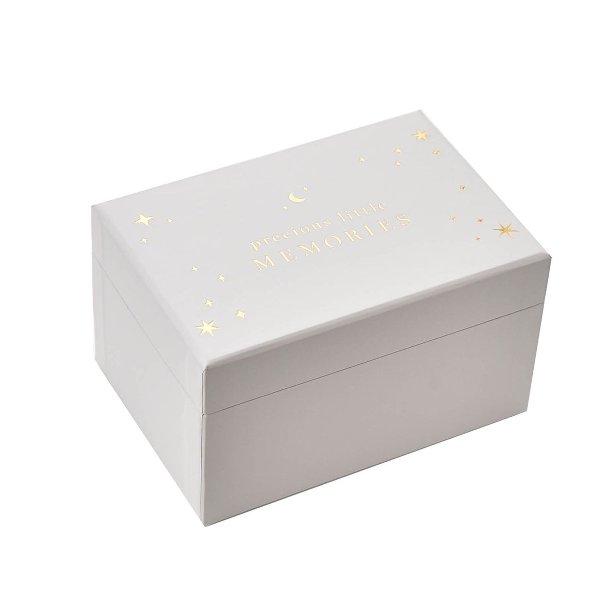 White mini keepsake box with gold stars and embossed 'Memories' text on the lid
