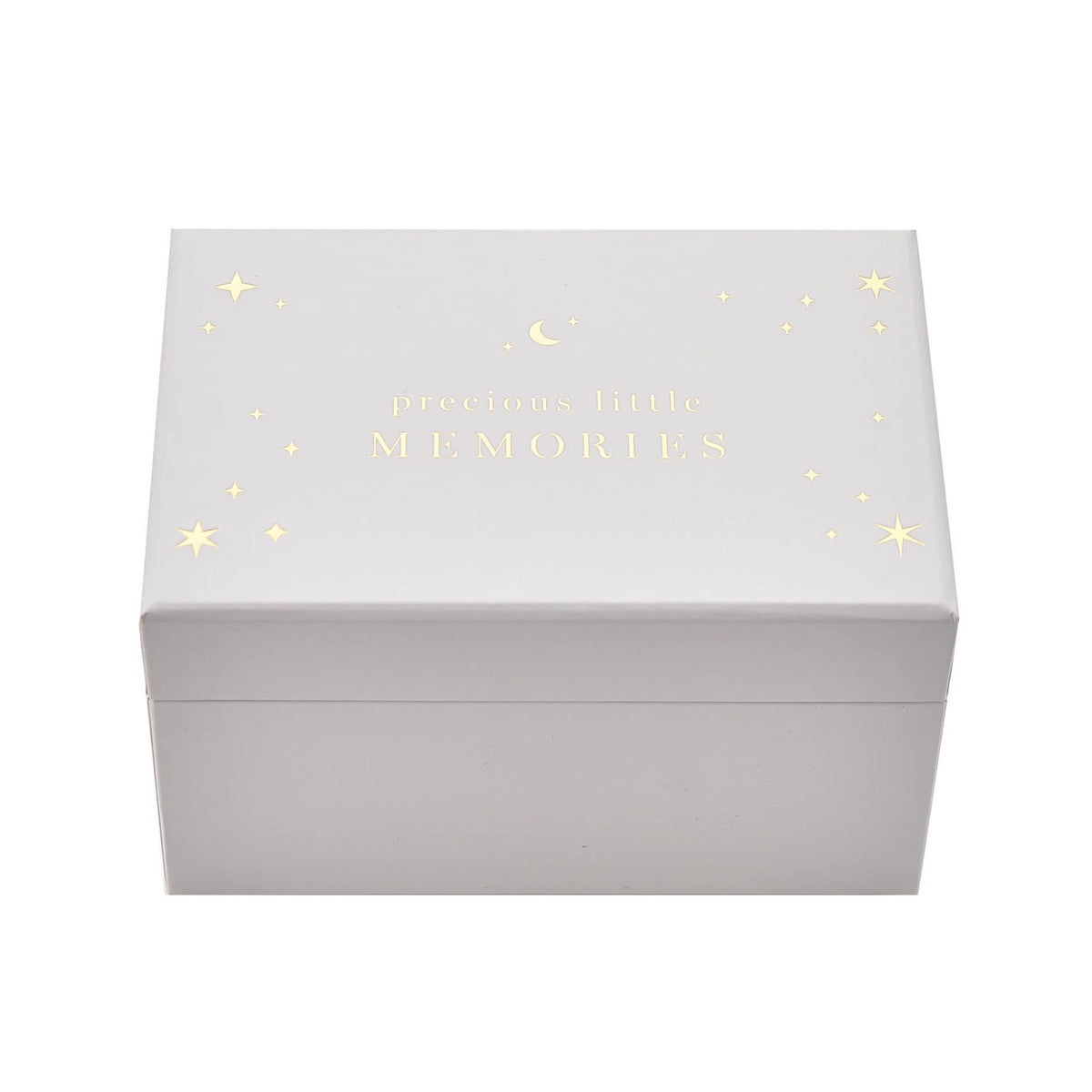 White mini keepsake box lid with gold star border and 'Precious little MEMORIES' text