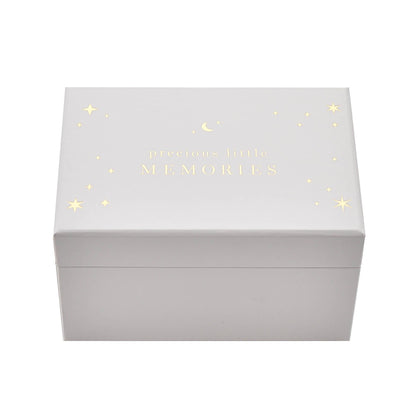 White mini keepsake box lid with gold star border and 'Precious little MEMORIES' text