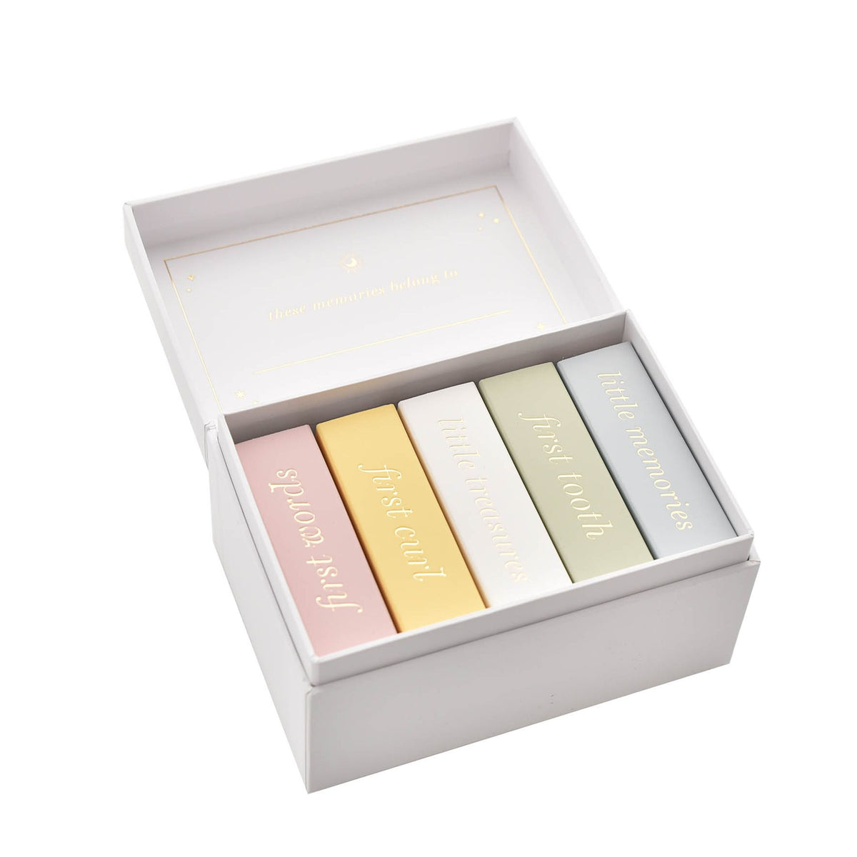 Open white mini keepsake box showing five pastel message cards with gold lettering