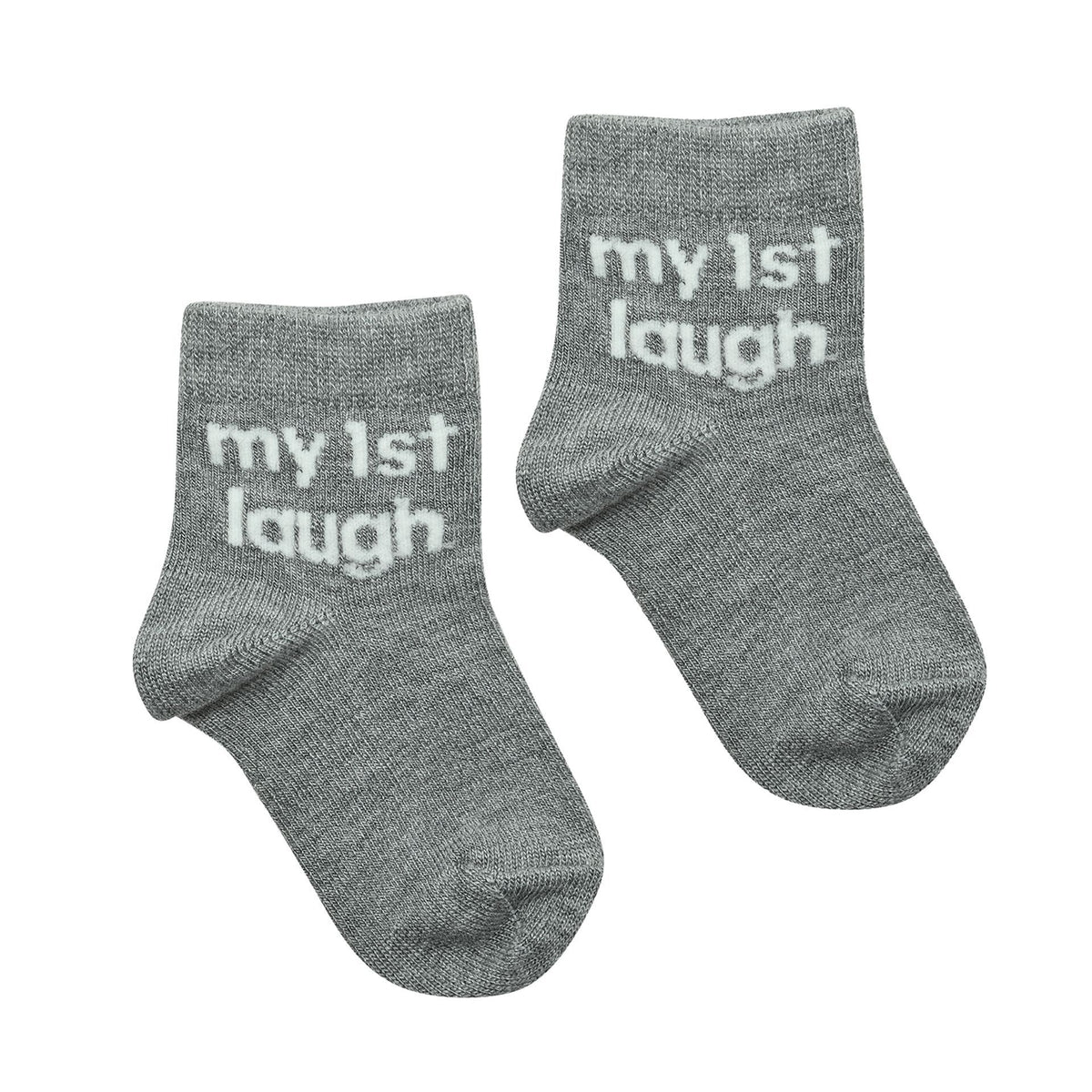 Pair of heather gray baby socks with "my 1st laugh" text on cuff