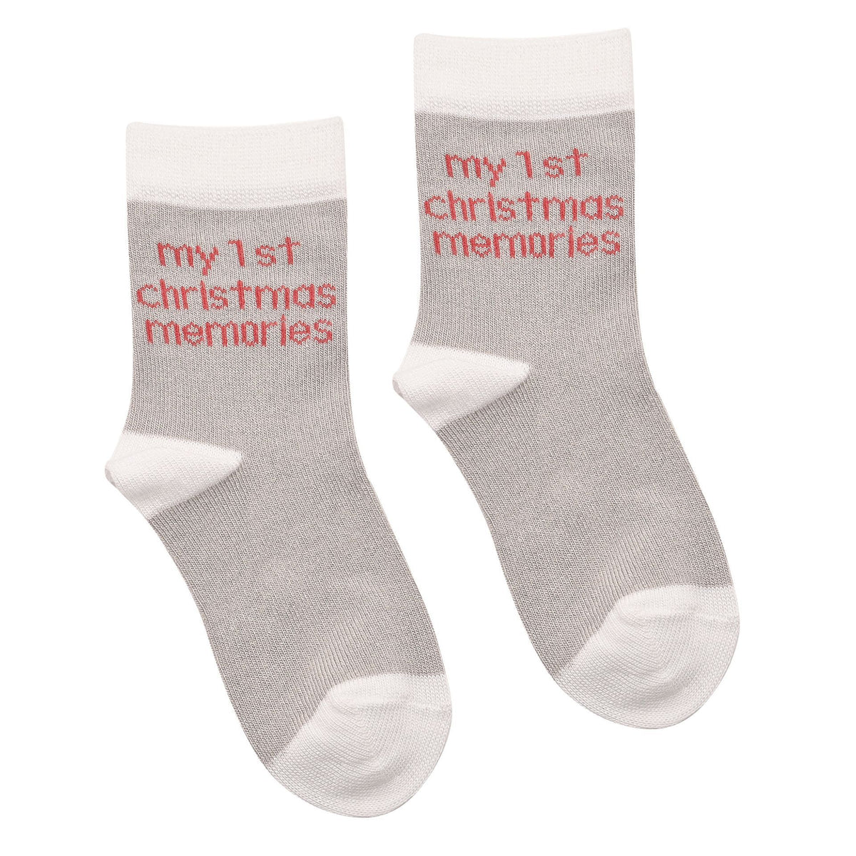 Pair of grey baby socks with red “my 1st Christmas memories” lettering