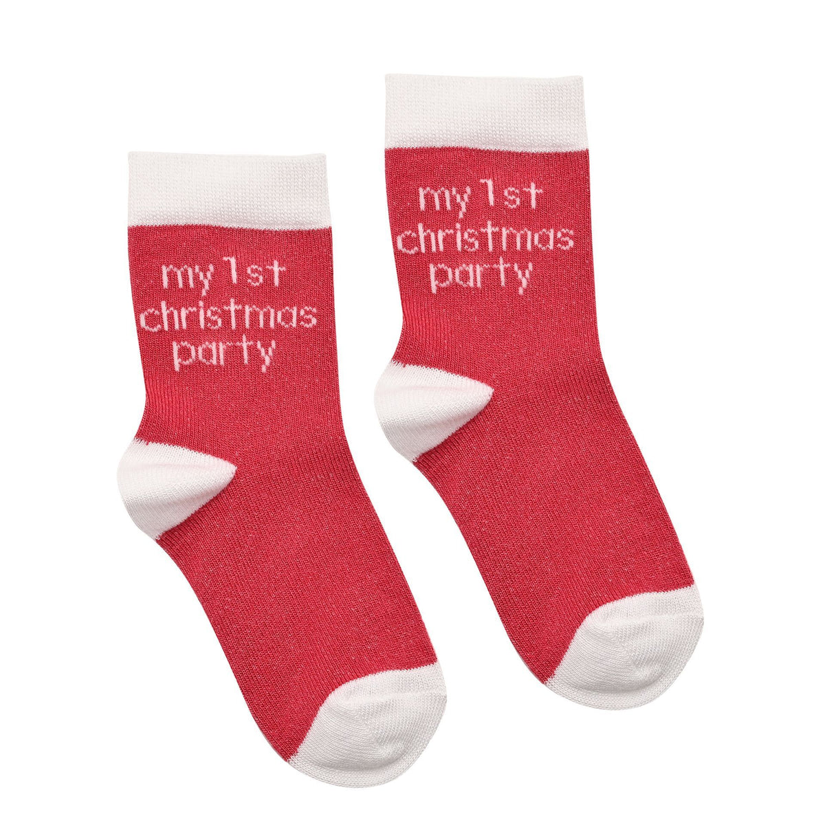 Pair of red baby socks with white toes and cuff, “my 1st Christmas party”