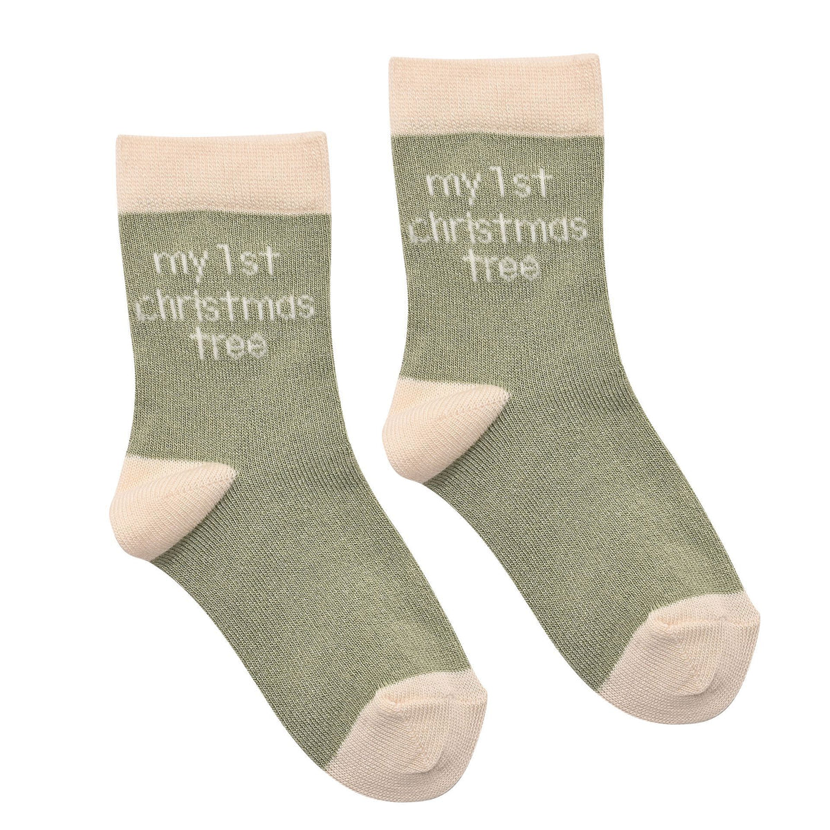 Pair of olive-green baby socks with “my 1st Christmas trees” text