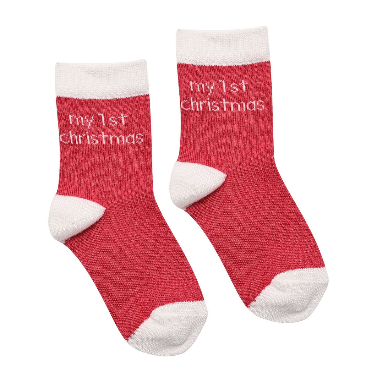 Pair of red baby socks with white cuffs and toes, “my 1st Christmas”