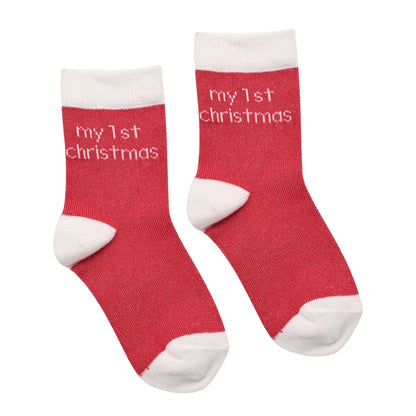 Pair of red baby socks with white cuffs and toes, “my 1st Christmas”