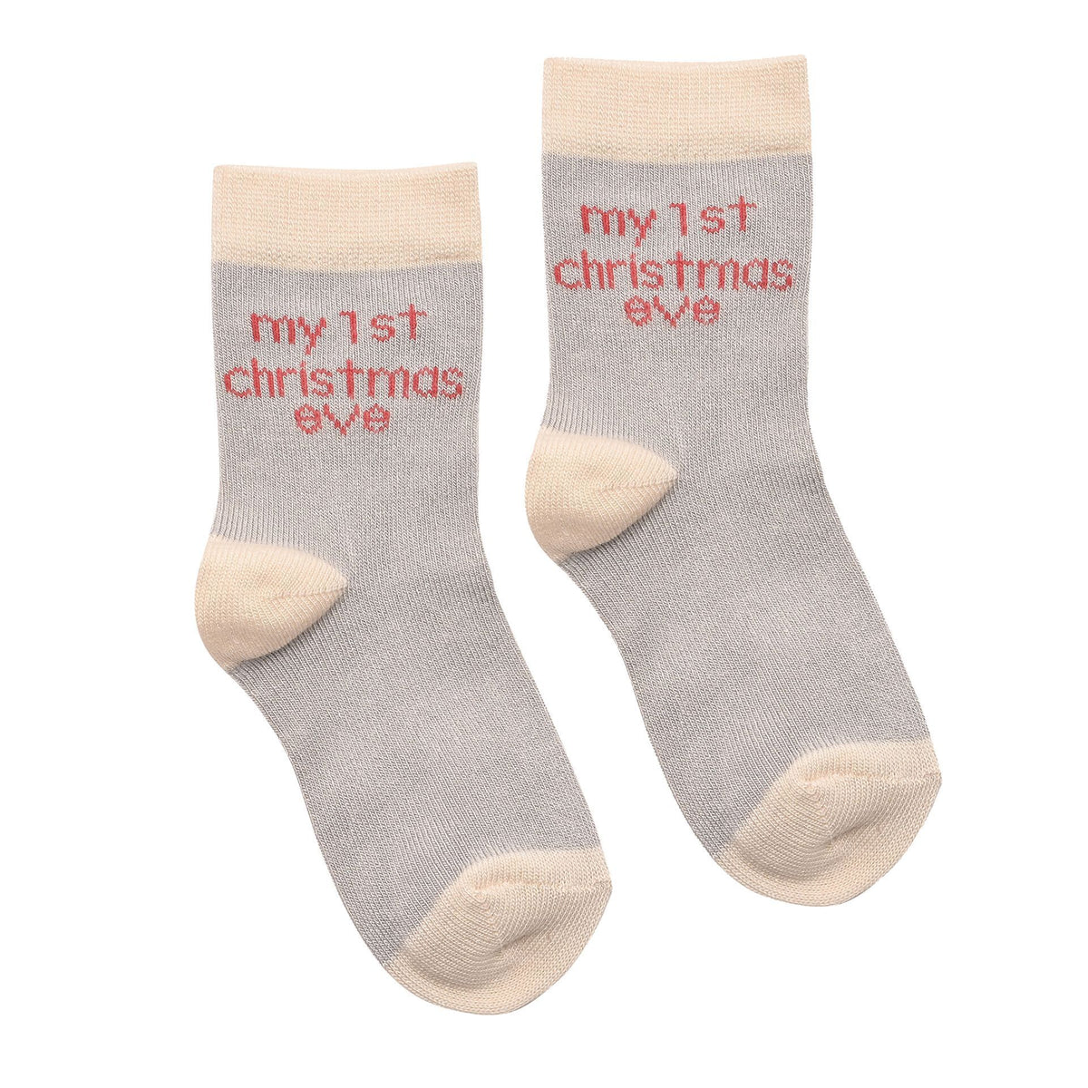 Pair of grey baby socks with cream cuffs, “my 1st Christmas eve”