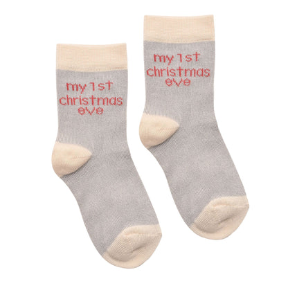Pair of grey baby socks with cream cuffs, “my 1st Christmas eve”