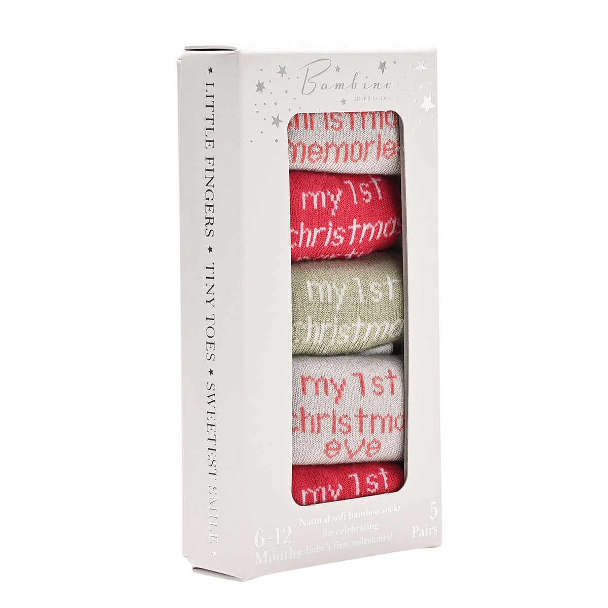 Box showing five pairs of baby Christmas-themed socks with a window display