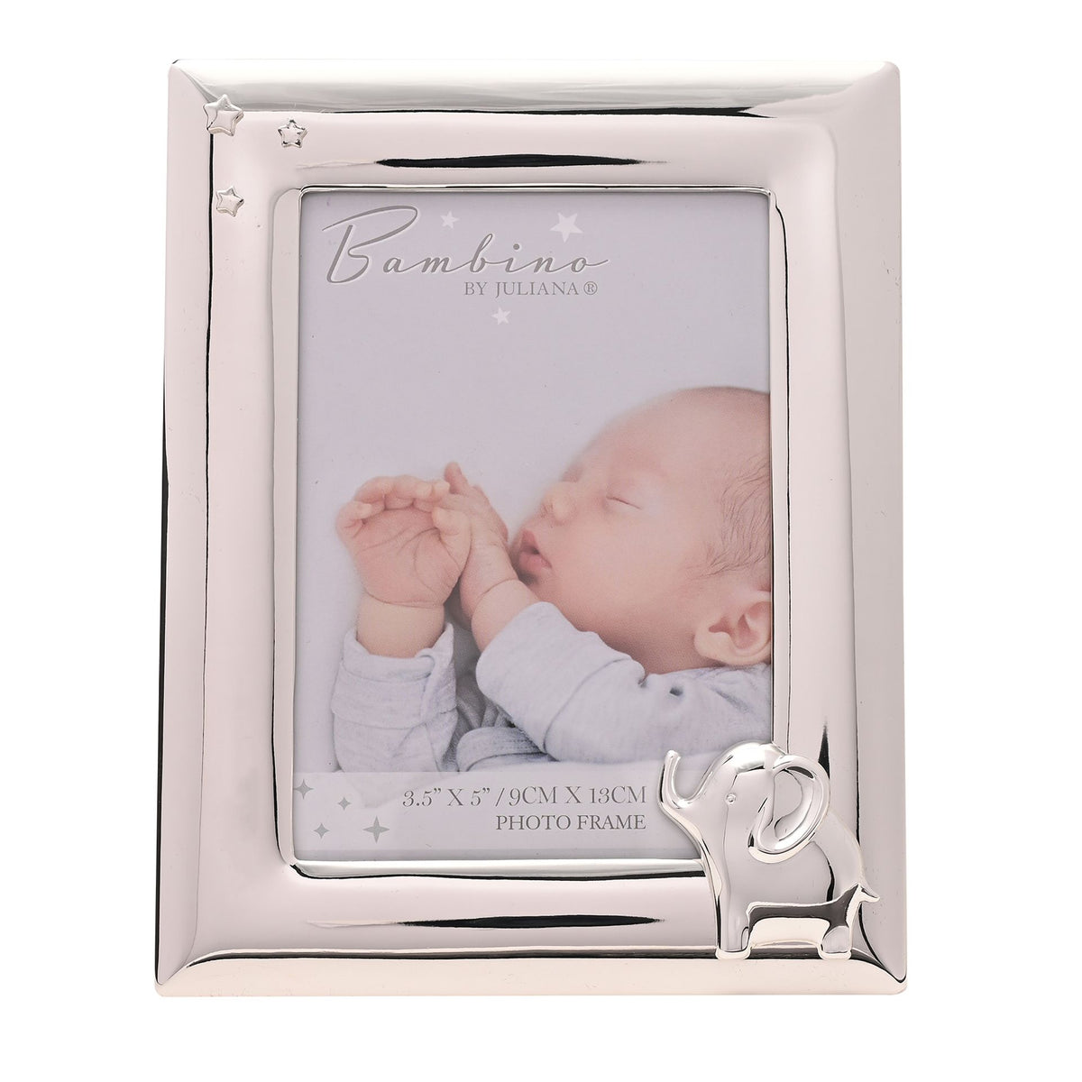 Silverplated 4x6 photo frame with elephant charm and baby photo