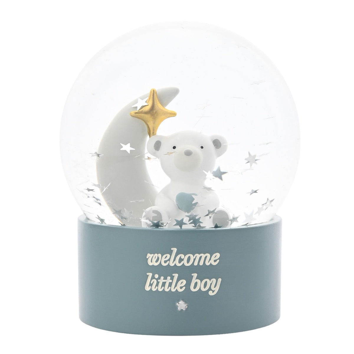 Bambino water globe with koala, gold star, floating star specks; 'welcome little boy'