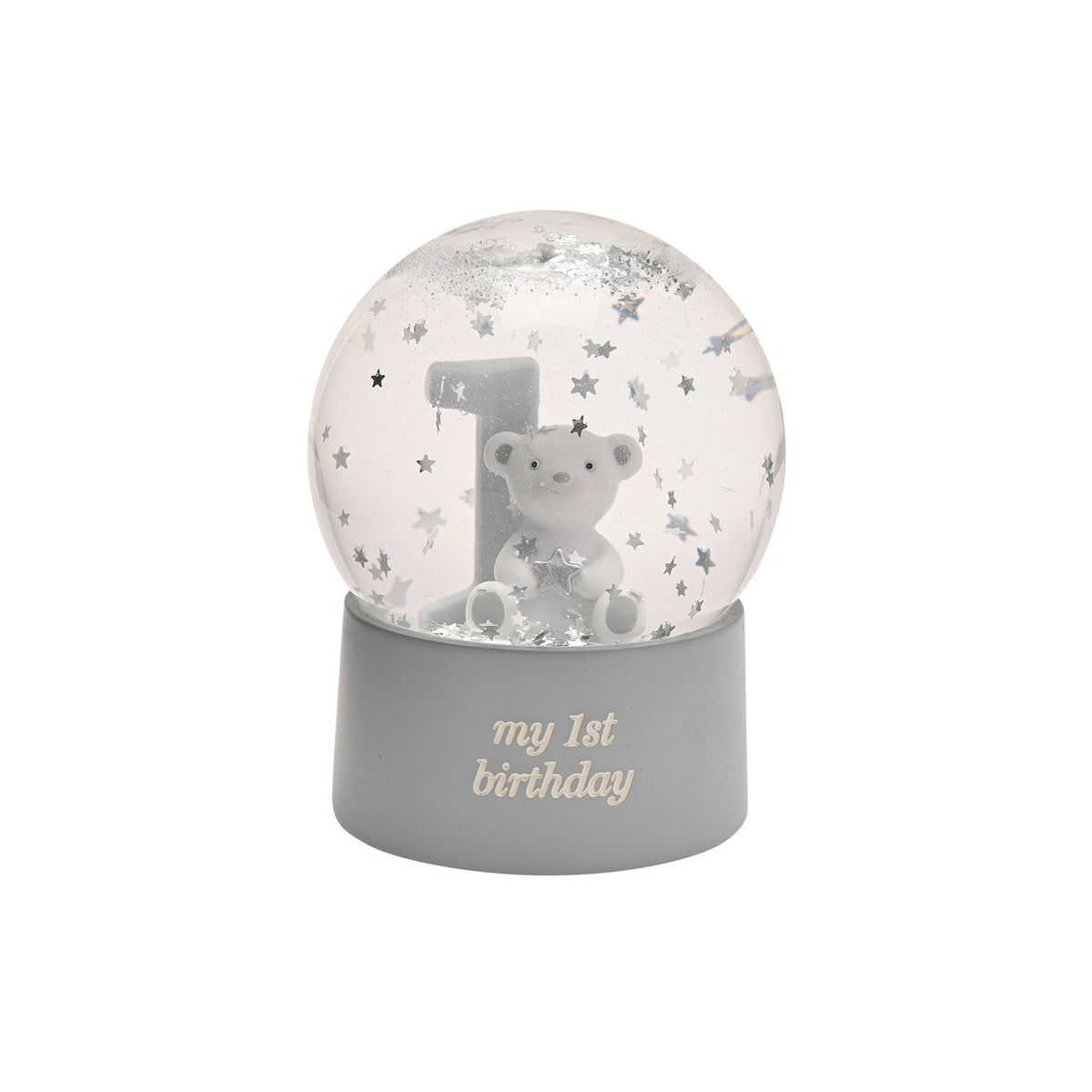 Blue first-birthday waterball with bear in starry globe and “my 1st birthday” base