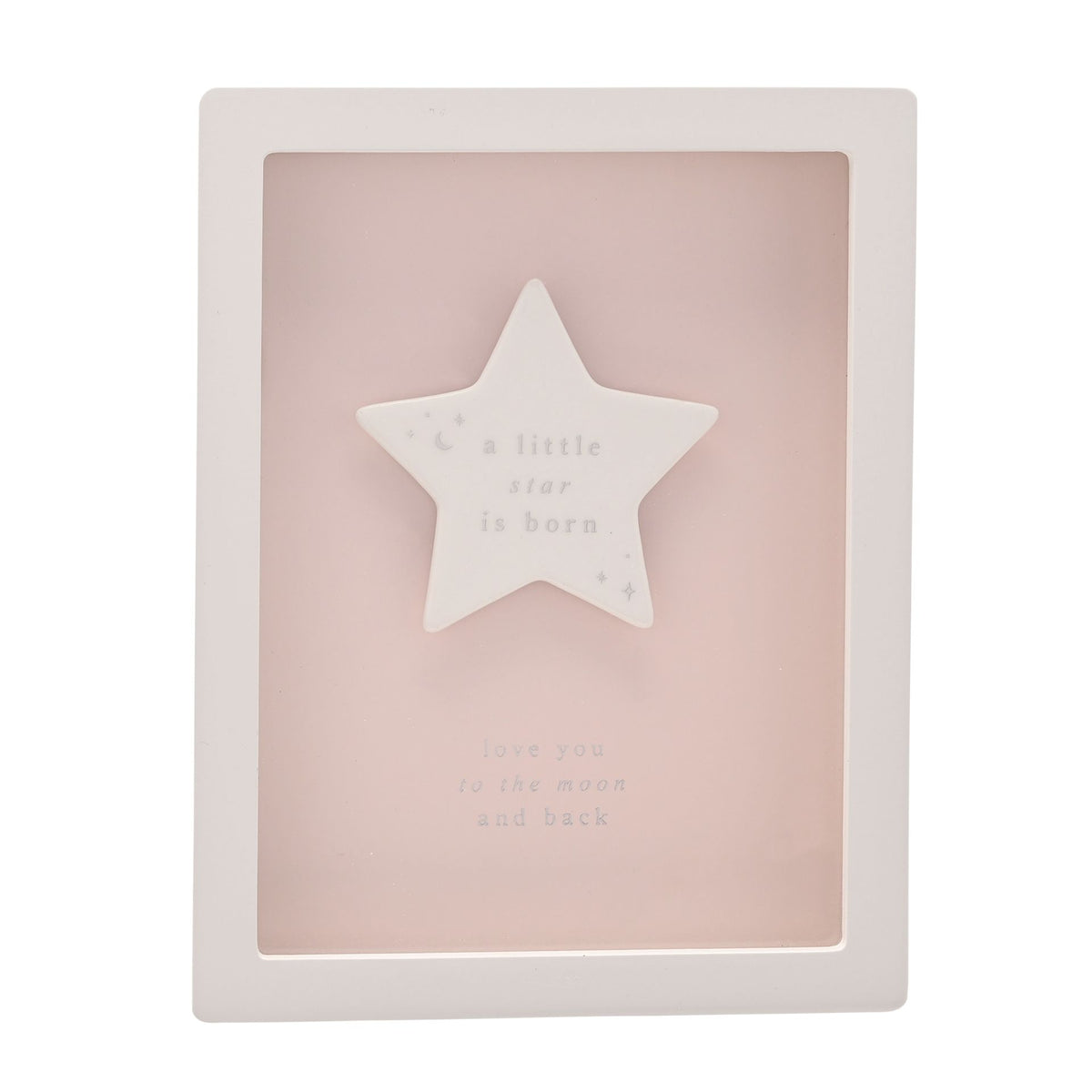 Pink framed baby plaque with raised star motif and subtle engraved wording