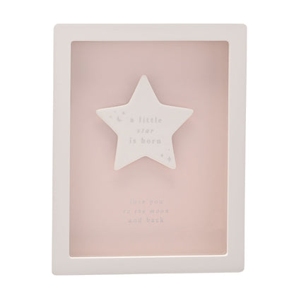 Pink framed baby plaque with raised star motif and subtle engraved wording