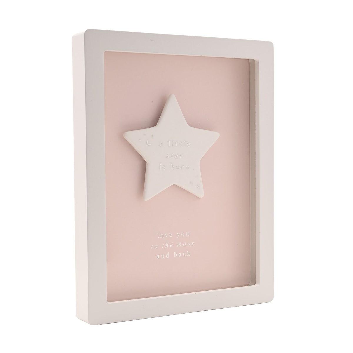 White framed baby plaque with pink insert and raised star decoration