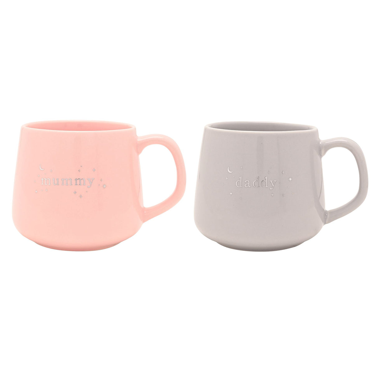 Pair of ceramic mugs with handles, pink “mummy” and gray “daddy” front text