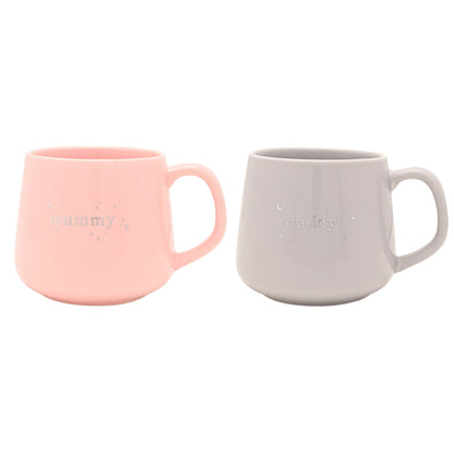 Pair of ceramic mugs with handles, pink “mummy” and gray “daddy” front text