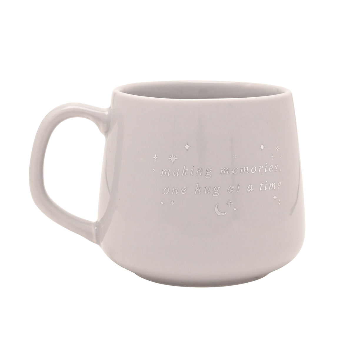 Light gray ceramic mug with handle, “making memories, one hug at a time” print