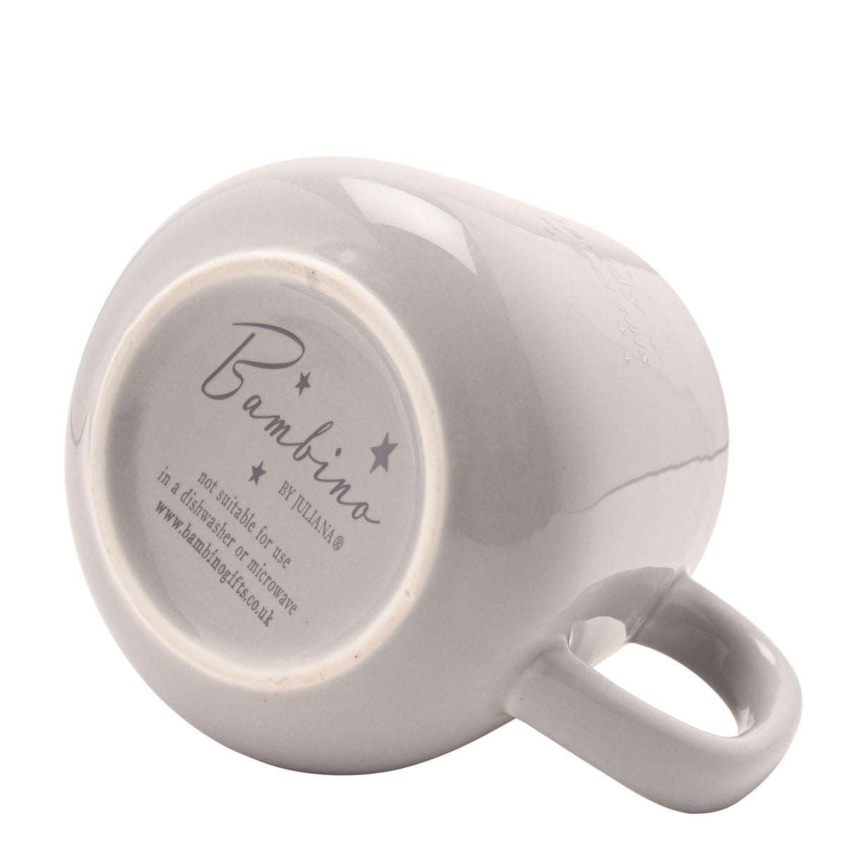Gray mug underside showing “Bambino” mark and small care text inside