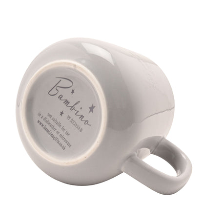 Gray mug underside showing “Bambino” mark and small care text inside