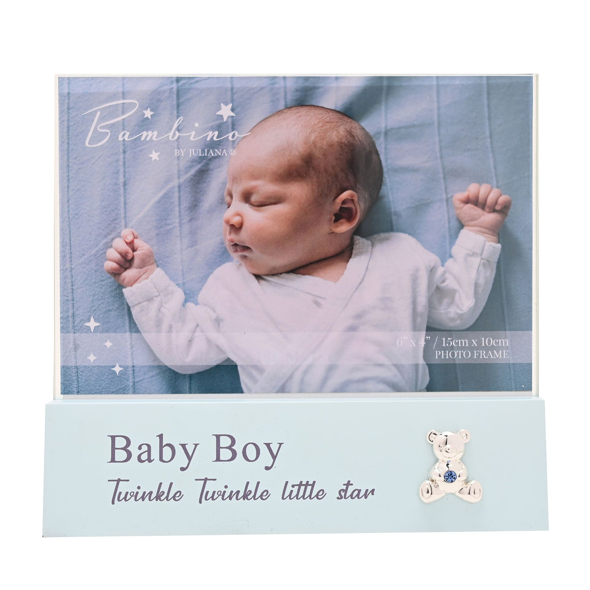 Baby boy photo block frame with baby portrait, 'Baby Boy' label, and teddy keychain charm