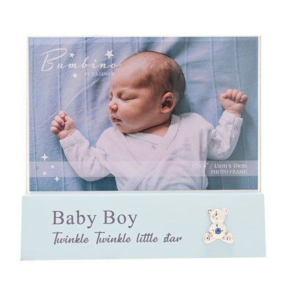 Baby boy photo block frame with baby portrait, 'Baby Boy' label, and teddy keychain charm