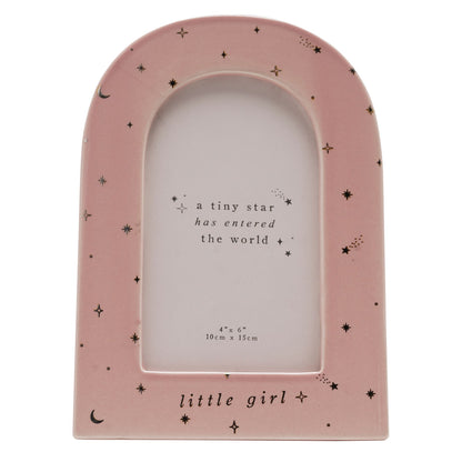 Pink ceramic arch photo frame for 4x6, starry quote in center and 'little girl' below