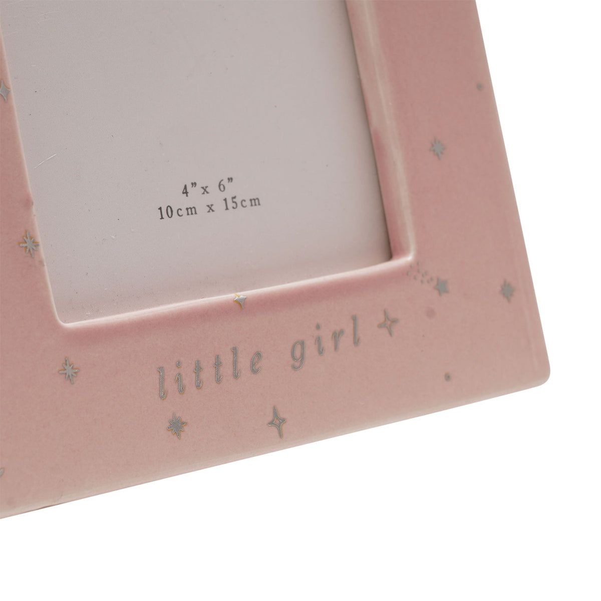 Pink ceramic arch photo frame corner detail, 'little girl' text with star icons