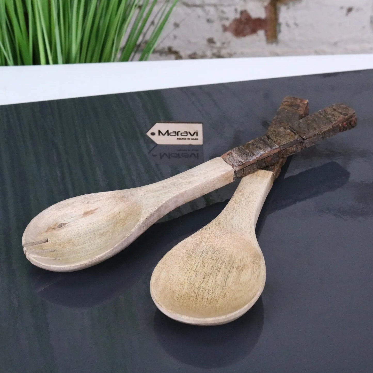Mango Woodn Salad Servers Bark Handle