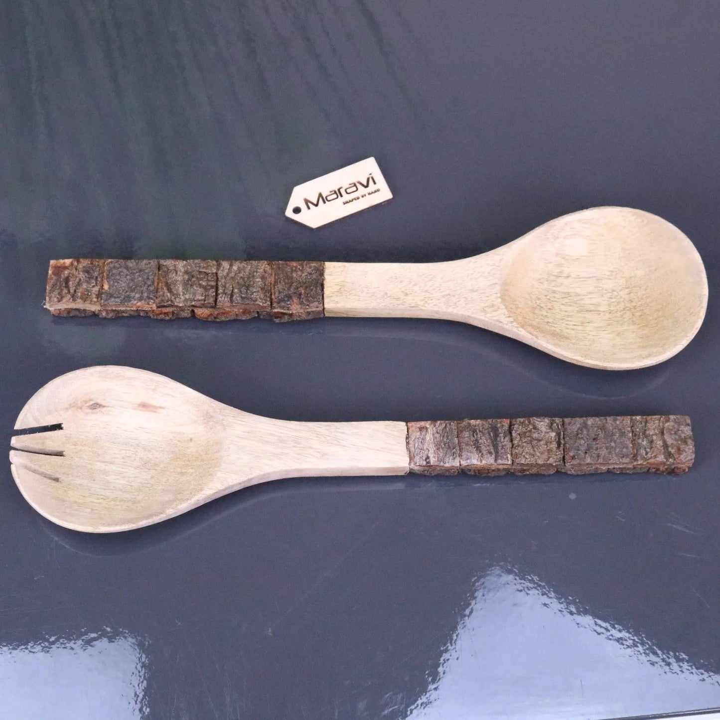 Mango Woodn Salad Servers Bark Handle