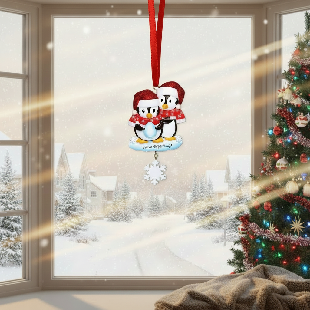 A hanging Christmas ornament shaped like two penguins wearing Santa hats and scarves, with a snowflake charm below and the text 'You're loved!' on a snowy window scene with a decorated Christmas tree outside.