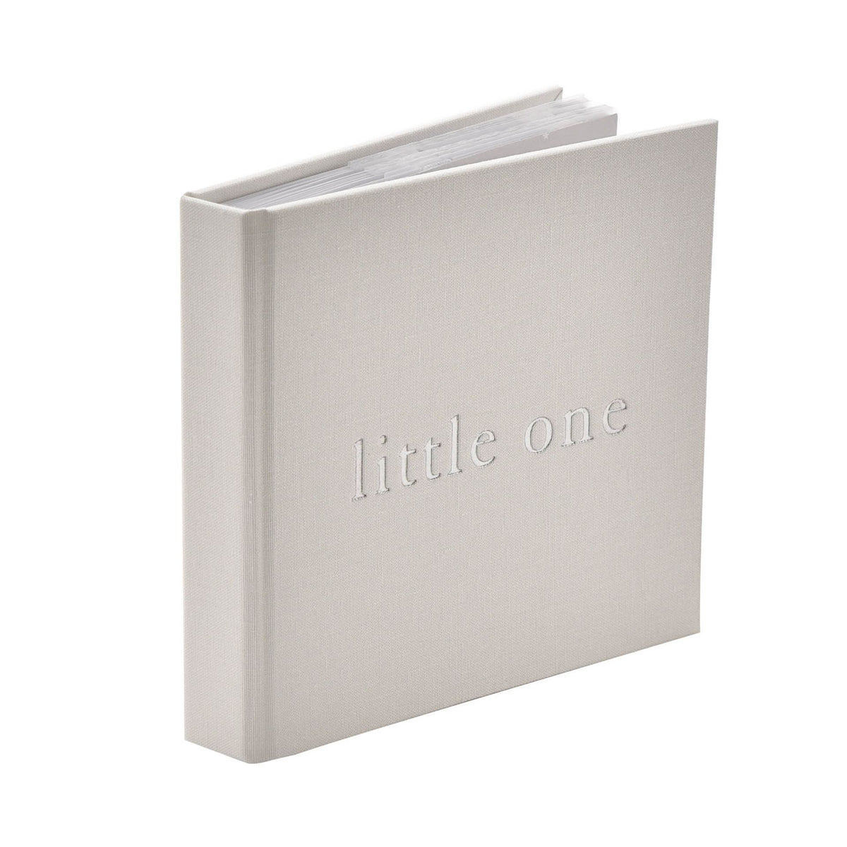 Linen photo album side view with 'little one' on front cover