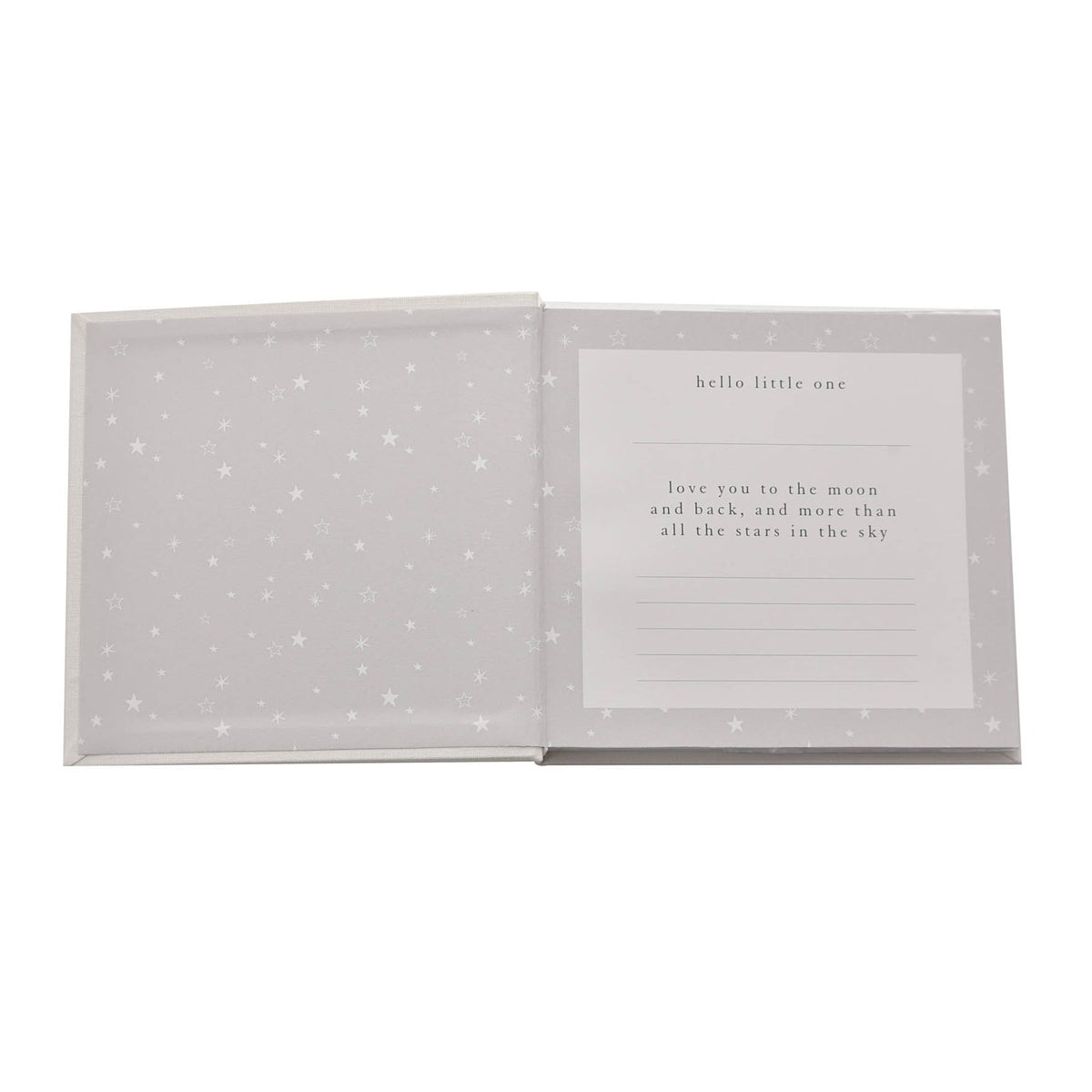 Opened photo album with star-pattern pages and message card