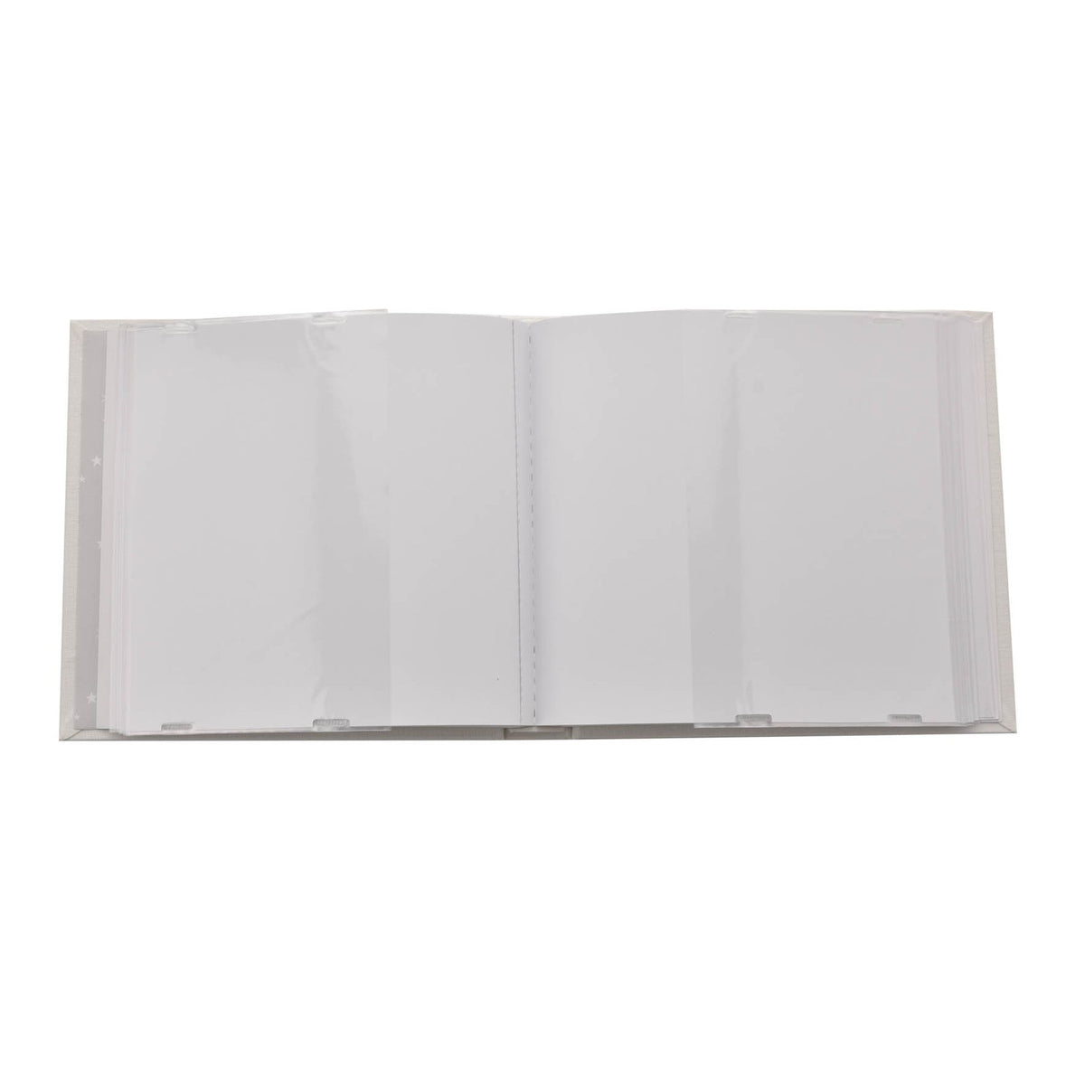 Opened linen photo album with blank pages and stitched spine