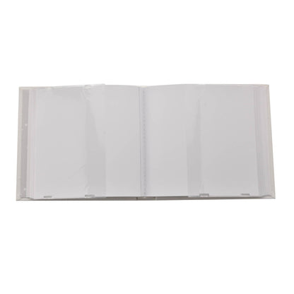 Opened linen photo album with blank pages and stitched spine