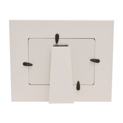 Photo frame with clear window, white backing card, and black star corner hooks