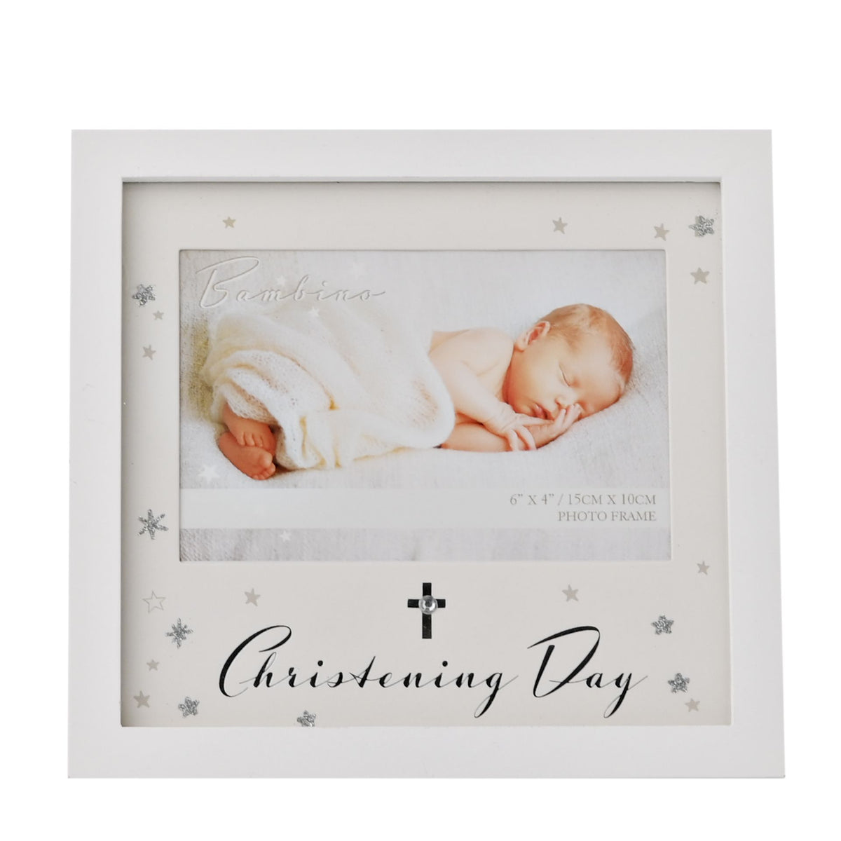 White photo frame showing baby picture, cross topper, and “Christening Day” lettering
