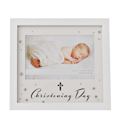 White photo frame showing baby picture, cross topper, and “Christening Day” lettering