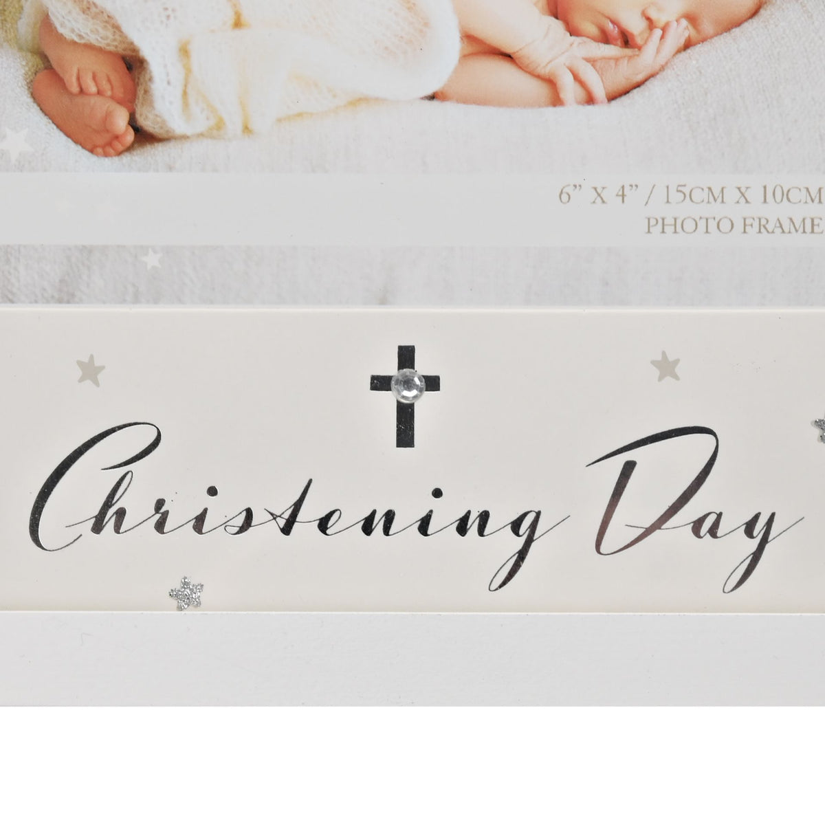 Close-up christening photo frame panel with cross topper and “Christening Day” script