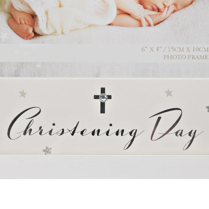 Close-up christening photo frame panel with cross topper and “Christening Day” script