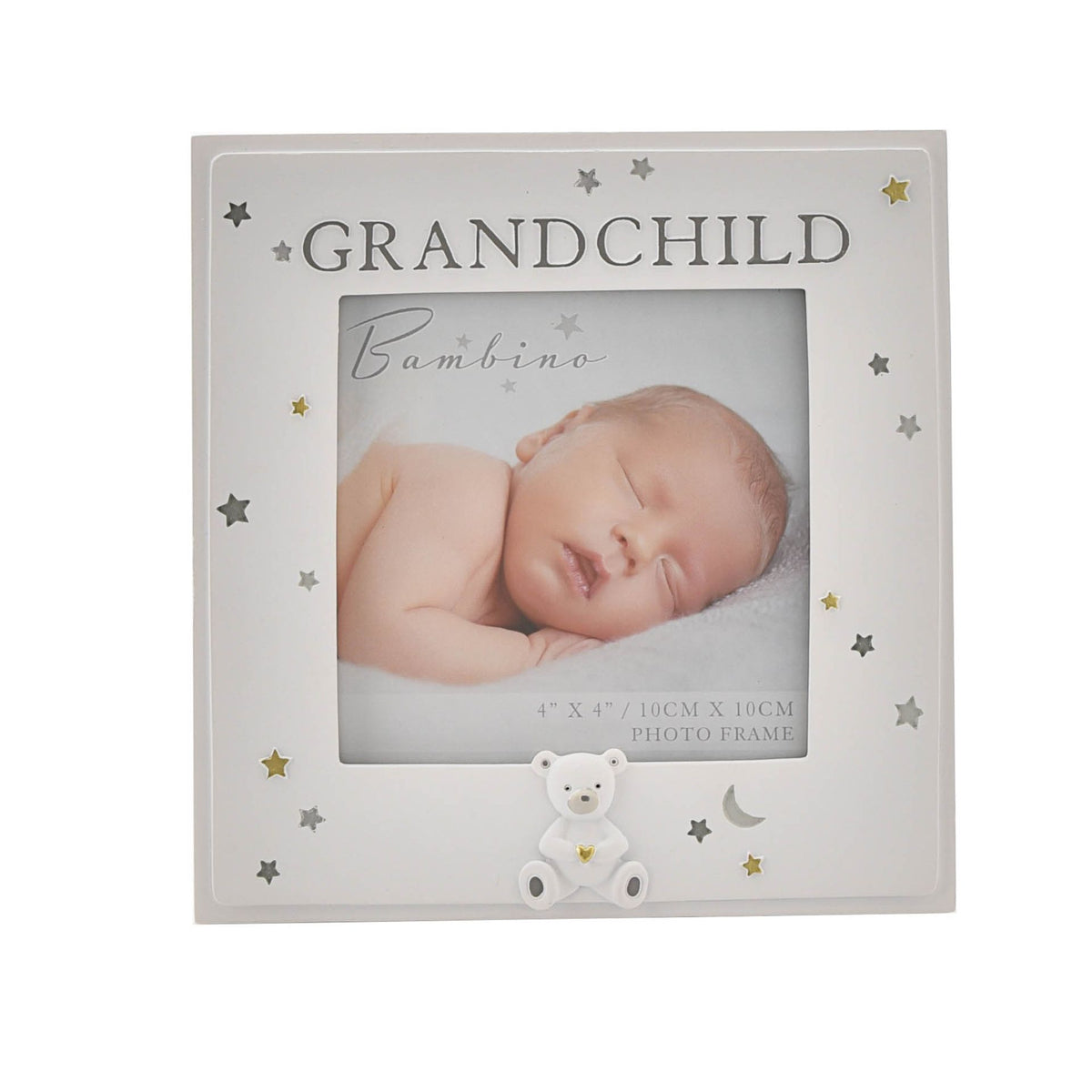 White grandchild photo frame with 'Grandchild' text and star motifs, 4x4 photo